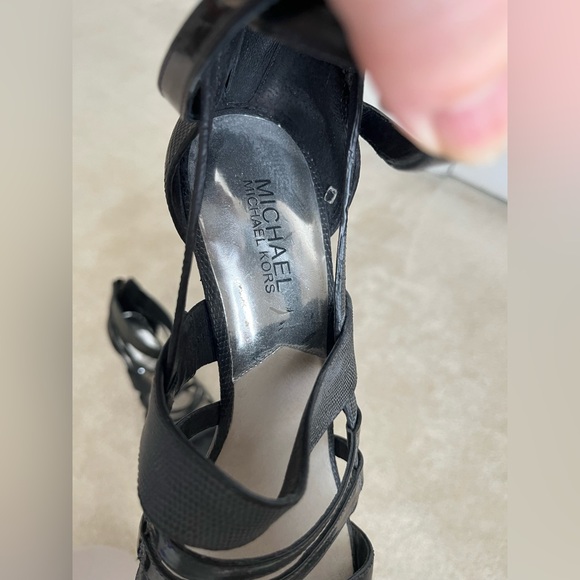 MICHAEL KORS Shiloh SNAKE embossed Petrol cage LOGO ZIP Gladiator High Heel 4” - Picture 4 of 7